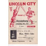 LINCOLN CITY Home Midland League programme v. non-League Shrewsbury Town 2/10/1948, slightly worn.