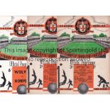 WOLVES Nine home programmes: 1954/5 v. Leicester, Charlton FA Cup, Spartak and Honved Friendlies,