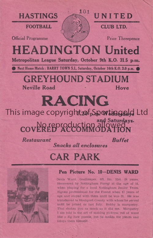 HEADINGTON UNITED Programme for the away Metropolitan League match v Hastings United 9/10/1954, very