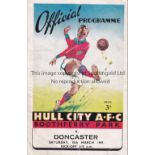 HULL CITY V DONCASTER ROVERS 1947 Programme for the League match at Hull 15/3/1947, vertical crease.