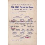 IPSWICH TOWN Single sheet programme for the Trial Game at Portman Road 4/8/1945, very slight