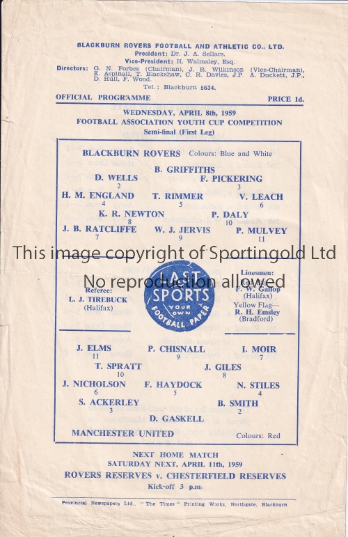 MANCHESTER UNITED Single sheet programme for the away Youth Cup Semi-Final 1st leg v. Blackburn