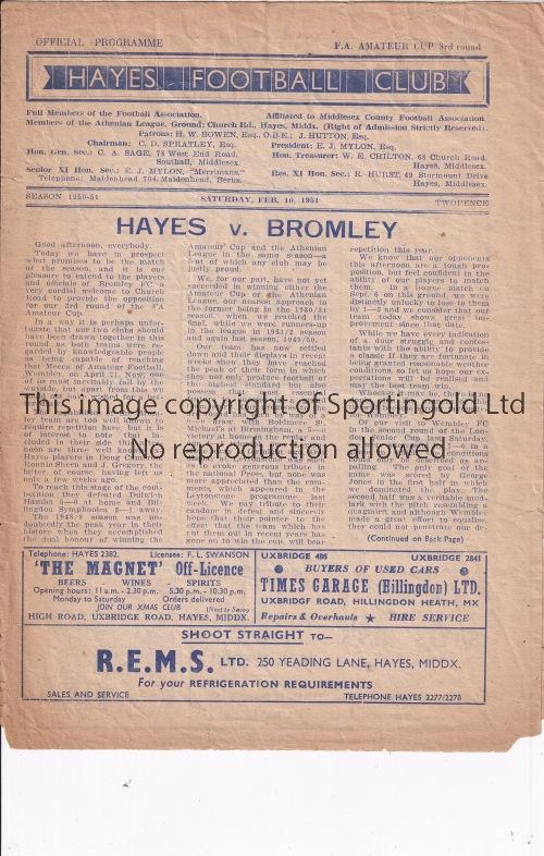 HAYES V BROMLEY 1951 Programme for the Amateur Cup match at Hayes 10/2/1951, minor paper loss slight