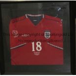OWEN HARGREAVES PLAYER ISSUE SHIRT A 32" X 31" framed and glazed red short sleeve England shirt,
