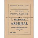 ARSENAL Away programme v Brentford 23/9/1939. 4 Page Friendly. Score, scorers and team changes