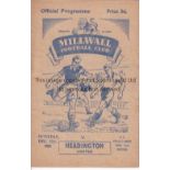 HEADINGTON UNITED Programme for the away FA Cup tie v. Millwall 12/12/1953, scores on the back.