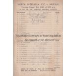 ARSENAL Cricket scorecard for a match between North Middlesex CC and Arsenal 18/8/1938 in aid of the