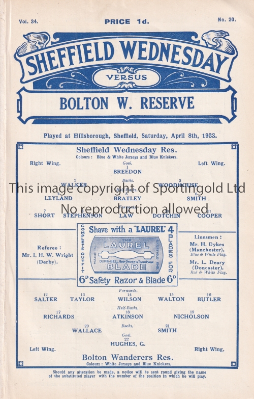 SHEFFIELD WEDNESDAY Ex-binder home programmes for the Reserve team match v. Bolton Wanderers 8/4/