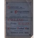 ENGLAND AT LIVERPOOL 1905 Home programme for the match v Wales played at Liverpool 27/3/1905.