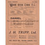 WOOD GREEN / CALENDAR Four Page programme Wood Green Town v Callendar Athletic Spartan League 29/4/
