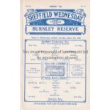 SHEFFIELD WEDNESDAY Ex-binder home programmes for the Reserve team match v. Burnley 11/3/1933.