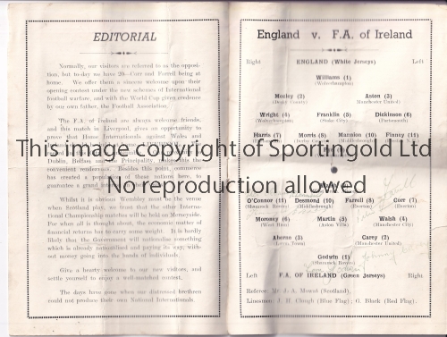 ENGLAND V REPUBLIC OF IRELAND 1949 / AUTOGRAPHS Programme for the International at Everton FC 21/9/