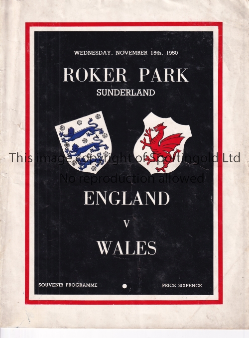 ENGLAND V WALES 1950 Programme for the International at Sunderland FC 15/11/1950, slight vertical