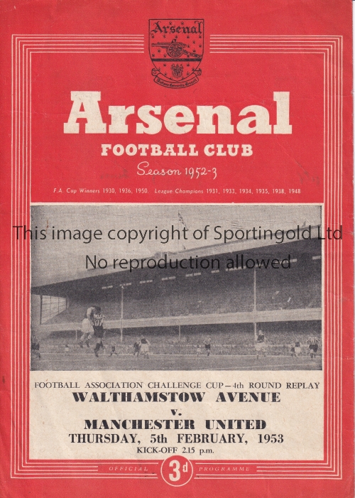 WALTHAMSTOW V MANCHESTER UNITED AT ARSENAL 1953 Programme for the FA Cup 4th Round Replay at