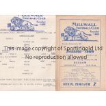 MILLWALL Two home programmes: Single sheet v. Coventry City Reserves 18/4/1960, horizontal fold