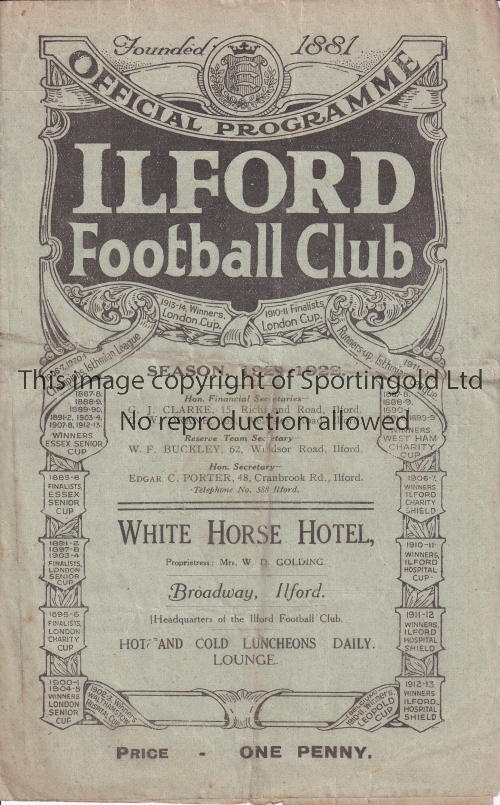 AT ILFORD FC : S.E. CHAMPIONSHIP SEMI-FINAL 1922 Four page programme for Essex v Wiltshire 24/4/