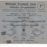 MILLWALL V WEST HAM UNITED 1944 Single sheet programme for the FL South match at Millwall 29/4/1944,