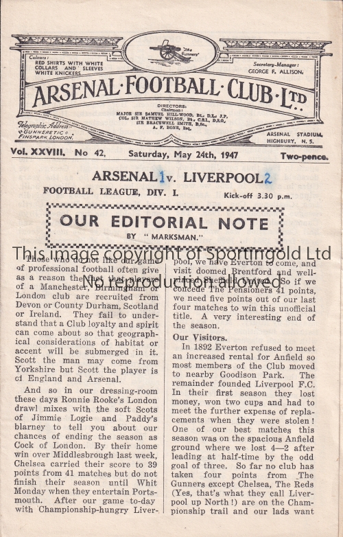 ARSENAL Home programme v. Liverpool 24/5/1947. Liverpool's penultimate match of the season. They