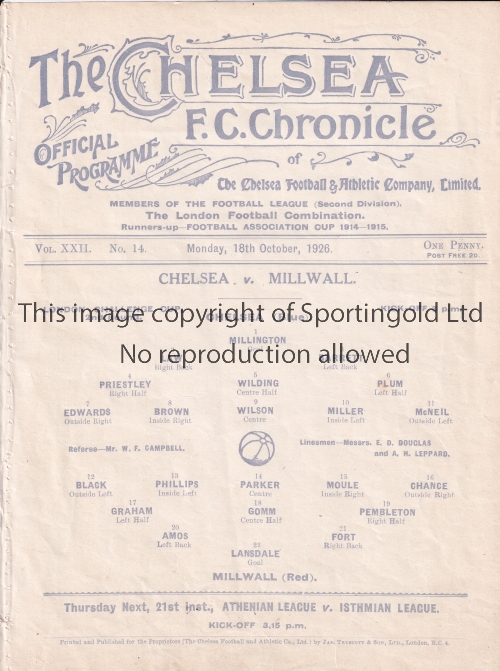 CHELSEA Single sheet home programme v Millwall London Challenge Cup 2nd Round 18/10/1926. Ex Bound