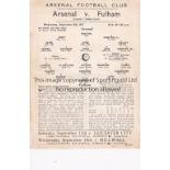 ARSENAL Single sheet home programme for the London Combination match v Fulham 8/9/1937, very
