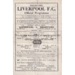 LIVERPOOL Single sheet home programme v. Bradford Park Ave FL North 6/10/1945, very slightly