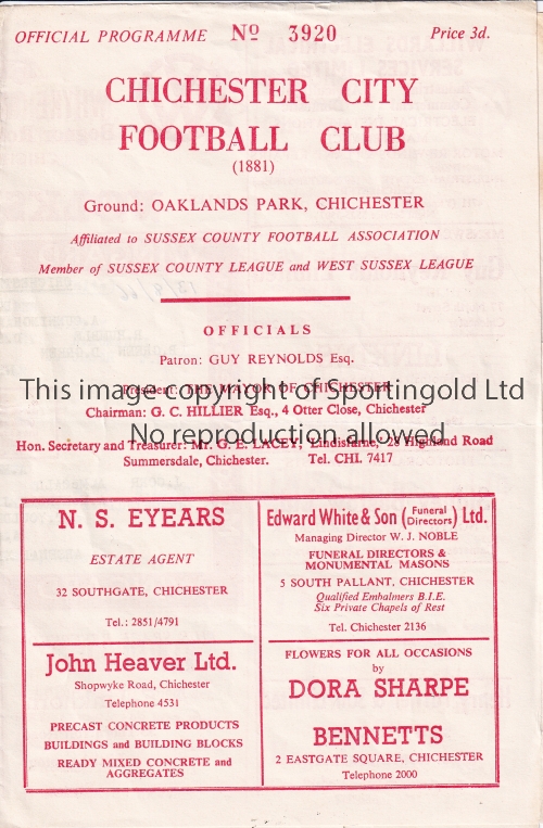 ARSENAL Programme for the away Friendly v. Chichester City 13/8/1966, very slight horizontal
