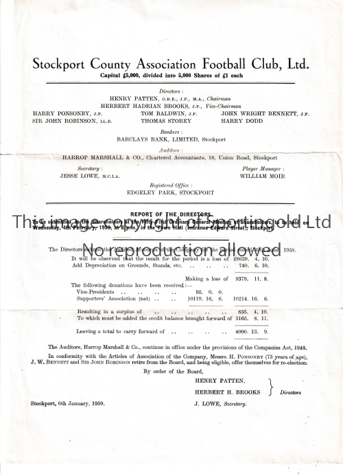 STOCKPORT COUNTY Report and Accounts 30/6/1958. Usual folds. Generally good