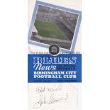 JOHN CHARLES AUTOGRAPH A lined white card signed by Charles plus a programme for Birmingham City v