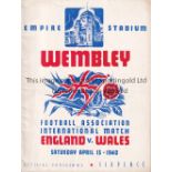 ENGLAND V WALES 1940 Home programme for the match v Wales played at Wembley 13/4/1940. No writing.
