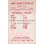 LIVERPOOL Single sheet home programme for the FA Cup tie v. Walsall 19/2/1968, folded in four.