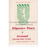 ARSENAL Programme for the away Friendly v. Edgware Town 29/8/1963, team changes. Generally good