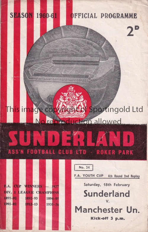 MANCHESTER UNITED Programme for the away Youth Cup 4th Round 2nd Replay v Sunderland 18/2/1961. Very