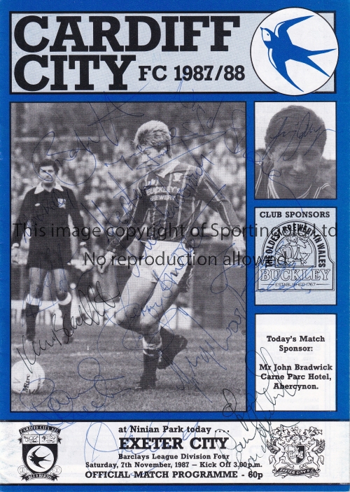 CARDIFF CITY V EXETER CITY 1987 AUTOGRAPHS Programme for the League match at Cardiff 7/11/1987