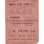 WOOD GREEN / APSLEY Four Page programme Wood Green Town v Apsley Spartan League 3/12/1932. Tears