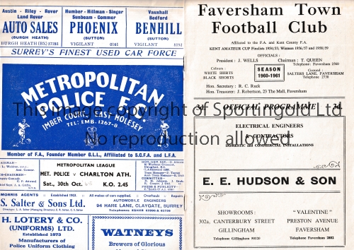 CHARLTON ATHLETIC Two away programmes v. Faversham Town 29/10/1960 Aetolian Lge and Met. Police 30/