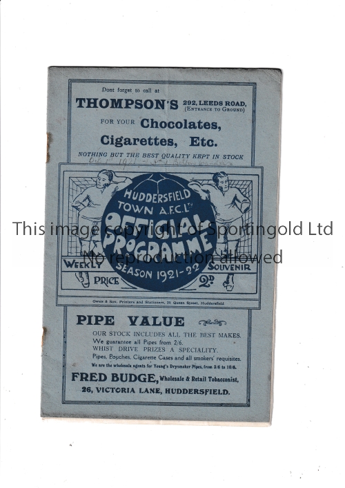 HUDDERSFIELD TOWN V BOLTON WANDERERS 1921 Programme for the League match at Huddersfield 1/10/