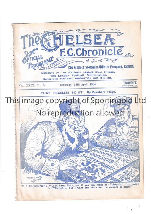 CHELSEA Home programme v Arsenal 28/4/1934. Arsenal's 3rd Championship winning season. Ex Bound