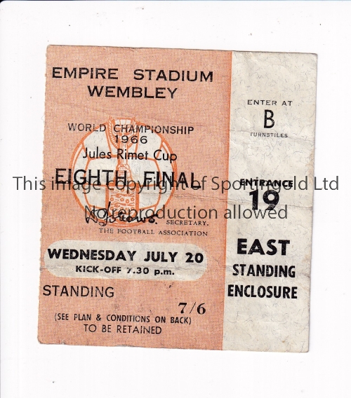 1966 WORLD CUP / TICKET England v France 20/7/1966 standing ticket at Wembley, creased. Fair to