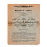 ARSENAL Single sheet programme for the away first team Will Mather Cup match v Hendon 30/4/1958.