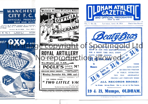 FACSIMILE FOOTBALL PROGRAMMES Three issues: Woolwich Arsenal v Tottenham Hotspur 1909, Oldham