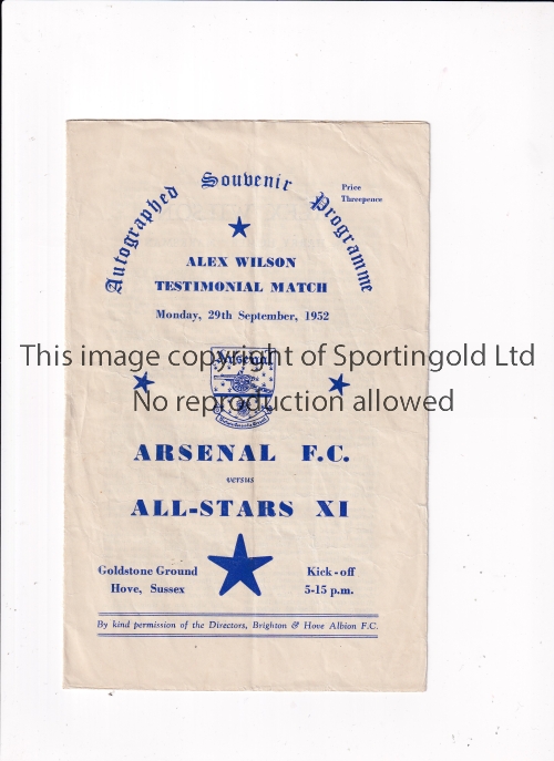 ARSENAL Programme for the away Testimonial v All-Stars played at Brighton & Hove Albion FC 29/9/