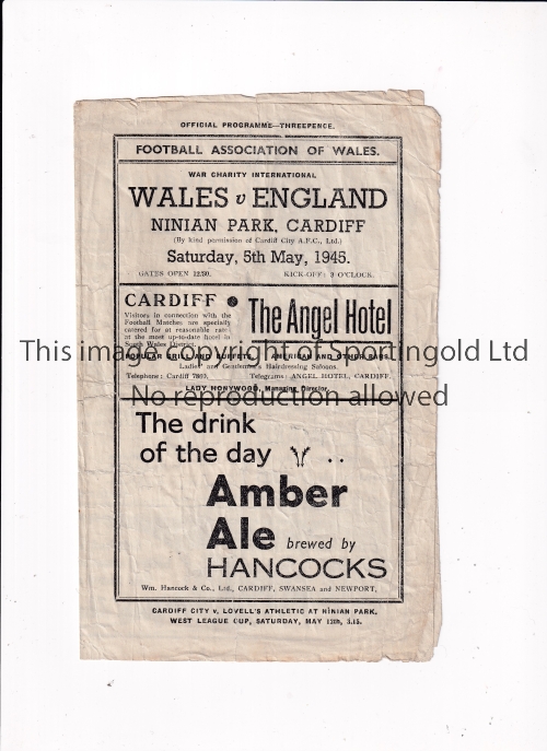 WALES V ENGLAND 1945 Four page programme for the International at Cardiff 5/5/1945, heavily
