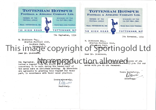 TOTTENHAM HOTSPUR Two small typed Tottenham Hotspur headed letters dated 5/11/1954 and 7/9/56 to