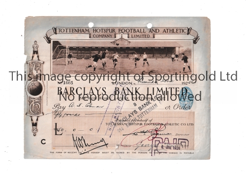 TOTTENHAM HOTSPUR An official large cheque 23/12/1925 with a scene from White Hart Lane at the top