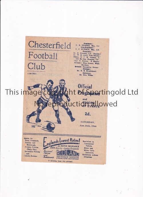 CHESTERFIELD RESERVES V NEWCASTLE UNITED RESERVES 1946 Four page programme for the match at