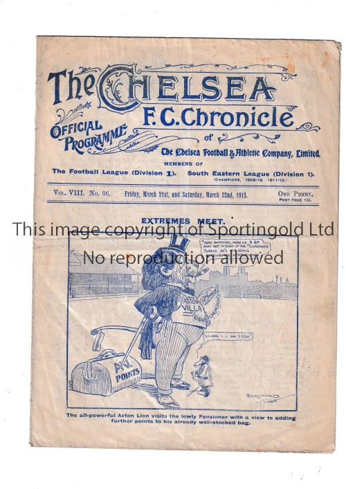 CHELSEA / ASTON VILLA / FULHAM Gatefold programme Chelsea v Aston Villa 21/3/1913. Also covers the