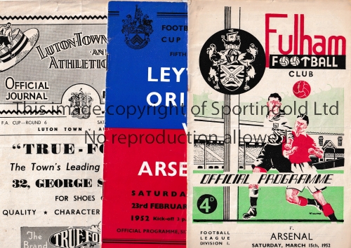 ARSENAL Three away programmes in 1951/2 season v Orient and Luton both FA Cp and Fulham, All