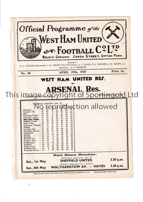 ARSENAL Programme for the away London Combination match v West Ham United 29/4/1937, ex-binder.