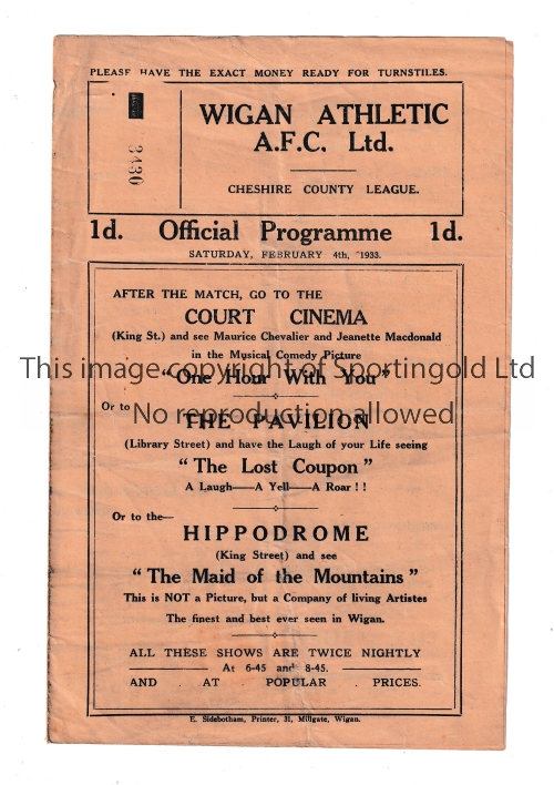WIGAN ATHLETIC / FIRST SEASON 1932/3 Home programme v Nantwich 4/2/1933 in their first season. Wigan