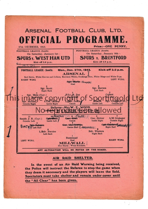 ARSENAL Single sheet home programme for the FL South match v Millwall 27/12/1943, team changes and